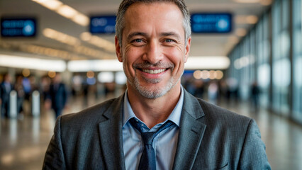 Obraz premium A person in suit smiling, portrait of a man, businessman smiling at the airport