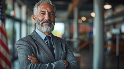 Fototapeta premium Mature man in a gray suit Voters in United States elections Posing for a photo, smiling, a senior Caucasian man stands in a modern polling station with an American flag in the background.