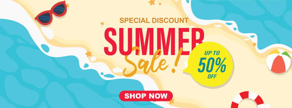 Summer sale banner vector illustration. Summer sale promotional banner with tropical beach. Summer sale design template banner, coupon, Voucher, Banner, Flyer.