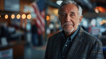 Obraz premium Mature man in a gray suit Voters in United States elections Posing for a photo, smiling, a senior Caucasian man stands in a modern polling station with an American flag in the background.