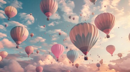 Fototapeta premium Many pastel-colored air balloons soar into the sky.
