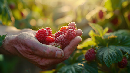 Harvest raspberries by hand for a true connection with nature. Each pluck brings the satisfaction of gathering sweetness from the earth, a mindful and rewarding experience. - obrazy, fototapety, plakaty