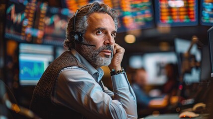 Middle-aged professional trader working on the stock exchange Male stylist communicates orders and sales over the phone. and show hand signals to speculate with brokers