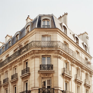 The façade of a traditional Haussmannien Parisian apartment building, showcasing ornate balconies and windows, embodies classic French architecture.
