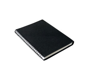 A black spiral bound notebook sits on a white background
