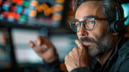 Middle-aged professional trader working on the stock exchange Male stylist communicates orders and sales over the phone. and show hand signals to speculate with brokers