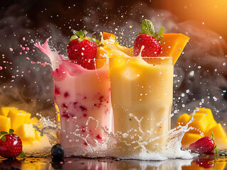 Delicious lassi photography, explosion flavors, studio lighting, studio background, well-lit, vibrant colors, sharp-focus, high-quality, artistic, unique