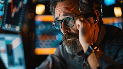 Middle-aged professional trader working on the stock exchange Male stylist communicates orders and sales over the phone. and show hand signals to speculate with brokers