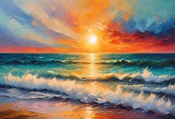 Colorful oil painting on canvas texture. Impressionism image of seascape paintings with sunlight background. Modern art oil paintings of sunset over sea and beach. Abstract contemporary- - obrazy, fototapety, plakaty