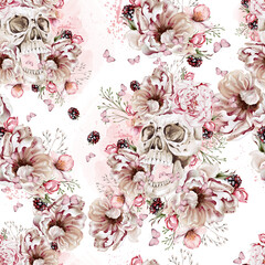 Watercolor tender floral seamless pattern with peony flowers and herbs. - 754163543