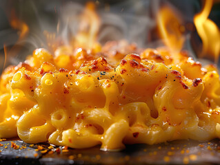 Delicious mac and cheese photography, explosion flavors, studio lighting, studio background, well-lit, vibrant colors, sharp-focus, high-quality, artistic, unique - Powered by Adobe