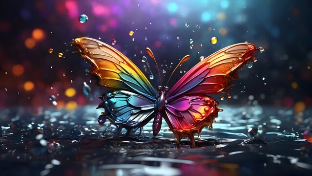 Butterfly on top of background, multicolor chrome, creative colorful sign made of water drops and smoke, butterfly background, artistic, ultra realistic, splash effect, incredible details, rich rainbo