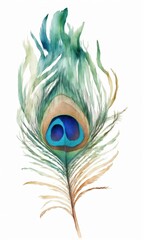 Watercolor peacock feather on white background. Hand drawn illustration.