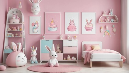 bedroom interior for a kid with a baby pink color