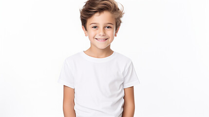 Smiling boy in a white T-shirt on a white background mockup. Childhood lifestyle concept. Mockup copy space - Powered by Adobe