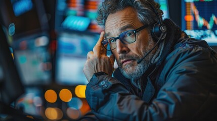 Middle-aged professional trader working on the stock exchange Male stylist communicates orders and sales over the phone. and show hand signals to speculate with brokers