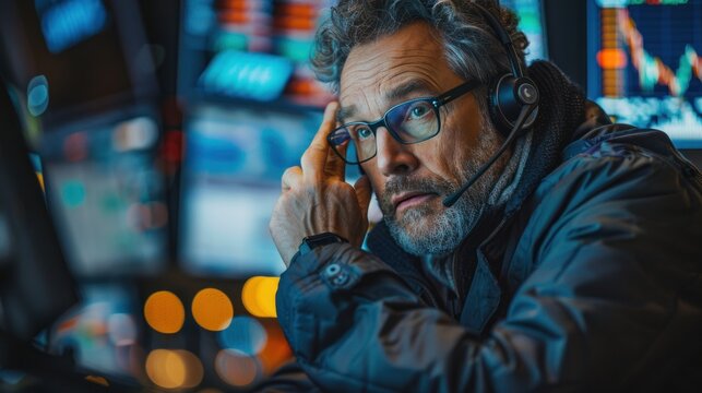 Middle-aged professional trader working on the stock exchange Male stylist communicates orders and sales over the phone. and show hand signals to speculate with brokers - Powered by Adobe