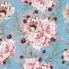 Watercolor tender floral seamless pattern with peony flowers and herbs. - 754163911