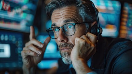 Middle-aged professional trader working on the stock exchange Male stylist communicates orders and sales over the phone. and show hand signals to speculate with brokers