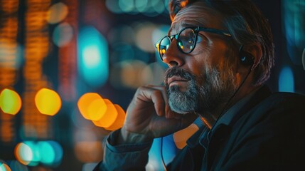 Middle-aged professional trader working on the stock exchange Male stylist communicates orders and sales over the phone. and show hand signals to speculate with brokers