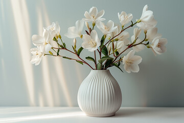 White flower in a white vase on a light background - obrazy, fototapety, plakaty