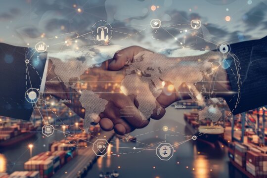 Global business handshake with digital interface of logistics and data.