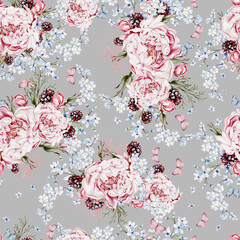 Watercolor tender floral seamless pattern with peony flowers and herbs. - 754164163