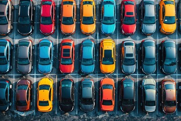 many different multicolored cars standing in rows in the parking lot, top aerial view