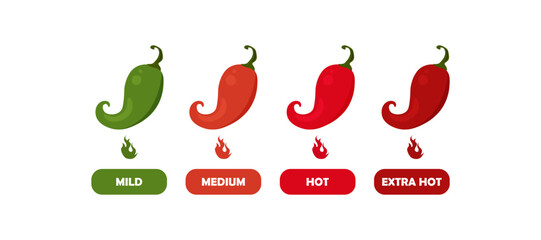Set of chili peppers Mild green, medium, hot, extra hot. Peppers with varying degrees of heat, with levels of strength in the form of fire.
Vector on a white background, eps 10.