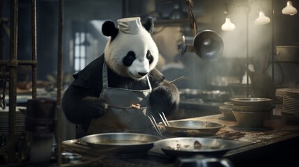 Panda chef cooks preparing food in restaurant kitchen. Animal chef