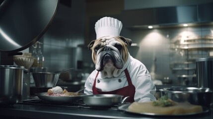 Bulldog chef cooks preparing food in restaurant kitchen. Animal chef