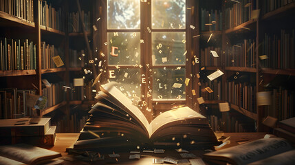 A book with letters flying out of it, surrounded by shelves filled with books and the light from an open window in the background, book in the library, book day concept, generative ai