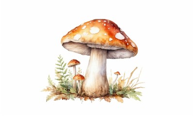 watercolor drawing of fly agaric mushrooms with grass isolated on white background