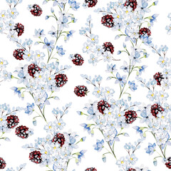 Watercolor tender floral seamless pattern with blue flowers and berries.