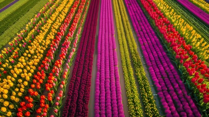Netherlands' tulip fields aerial view.