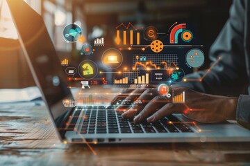 Businessperson working on a laptop with digital marketing and analytics icons.