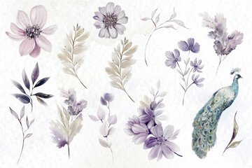 Watercolor set with different leaves and flowers. - obrazy, fototapety, plakaty