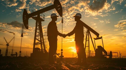 Silhouettes of two engineers holding hands holding a company contract outside in front of a gas station. People wearing helmets working in oil fields - obrazy, fototapety, plakaty