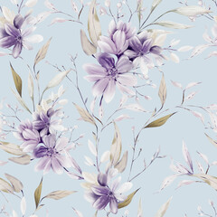 Watercolor pattern with the purple flowers and wild herbs.