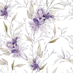 Watercolor pattern with the purple flowers and wild herbs.