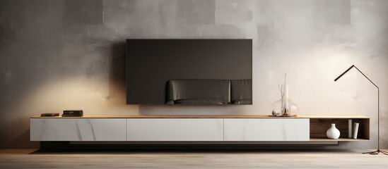 A living room featuring a minimalist TV unit mounted on the wall, creating a focal point in the room. The room is neatly arranged with comfortable seating and decor.