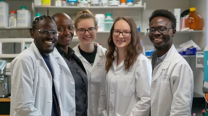 Fototapeta premium A team of about 5 scientists smiles in a laboratory environment, sharply in focus.