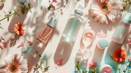 Sunlit Beauty Products with Fresh Flowers on Pastel Background