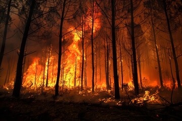 Forest fire burning trees with intense flames and smoke. - obrazy, fototapety, plakaty