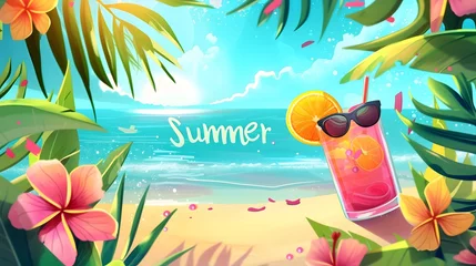 Poster Illustrated Summer Beach Scene with Cocktail and Sunglasses © HappyKris