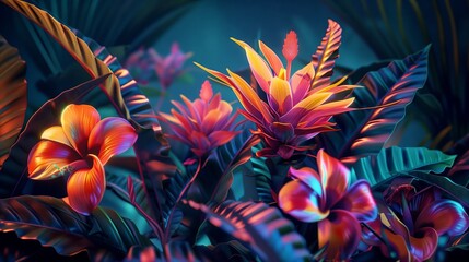 Tropical flowers, vibrant colors enhanced by neon backlighting.