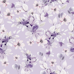 Watercolor pattern with the different purple  flowers and wild herbs.