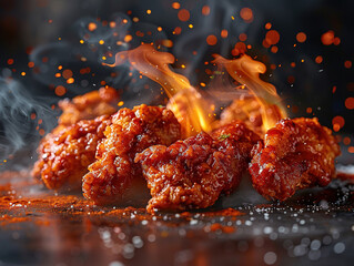 Delicious Nashville hot chicken photography, explosion flavors, studio lighting, studio background, well-lit, vibrant colors, sharp-focus, high-quality, artistic, unique