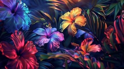 Fototapeta na wymiar Tropical flowers with vibrant colors under neon backlighting.