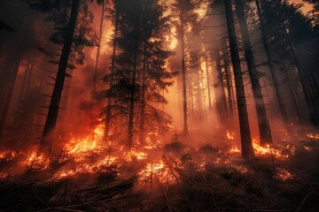 Forest fire burning trees with intense flames and smoke.